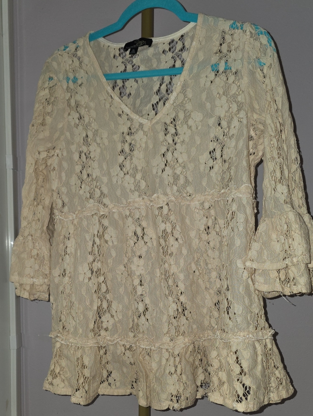 Suzanne Betro Cream Lace Tiered Dress with Ruffle Hem XL Fits Like Lg